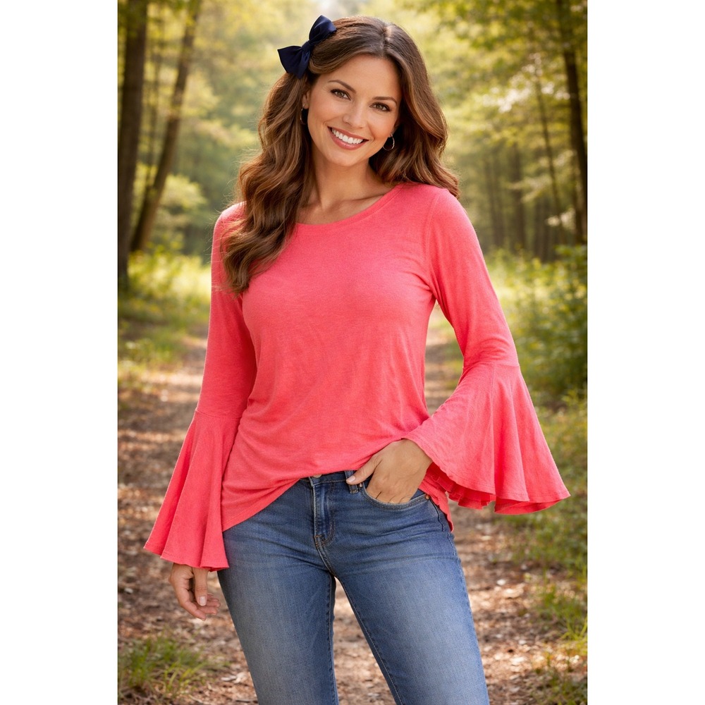 Bluheaven Womens Coral Pink Bell Sleeve Lettuce‎ Hem Slub Top C1238 Large